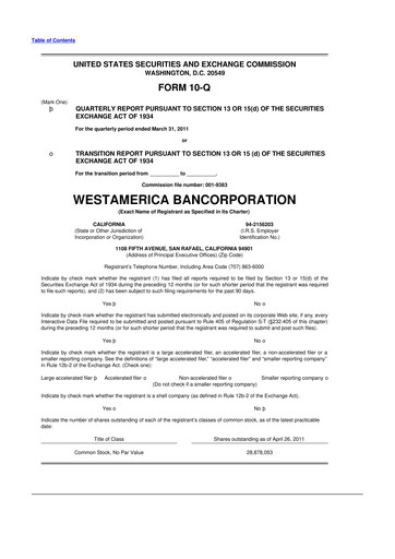 Thumbnail Westamerica Bancorporation
 10-Q Quarterly Report FY2011 