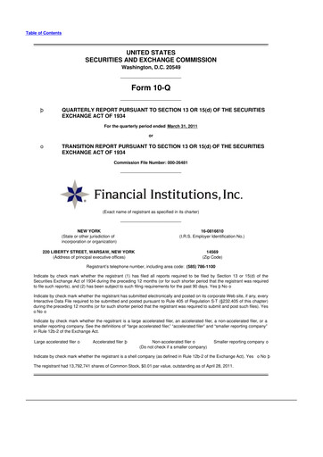 Thumbnail Financial Institutions 10-Q Quarterly Report FY 
