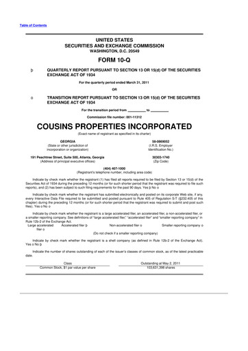 Thumbnail Cousins Properties
 10-Q Quarterly Report FY 