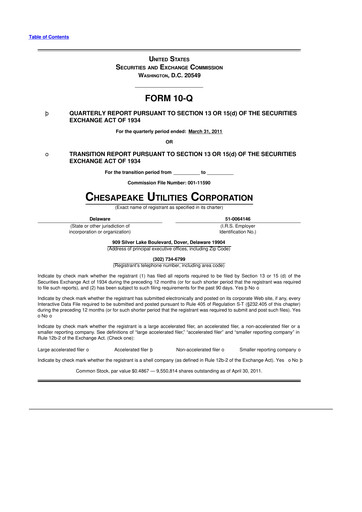 Thumbnail Chesapeake Utilities
 10-Q Quarterly Report FY 