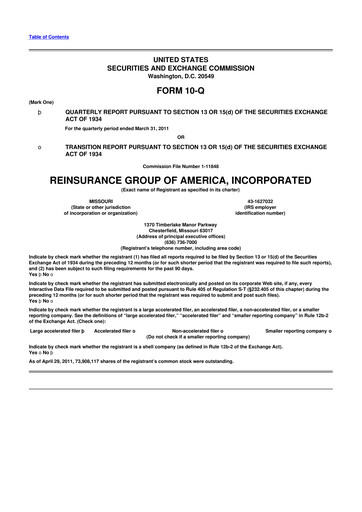 Miniature Reinsurance Group of America
 10-Q Rapport trimestriel 2011 