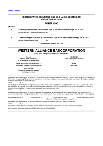 Thumbnail Western Alliance Bancorporation
 10-Q Quarterly Report FY 