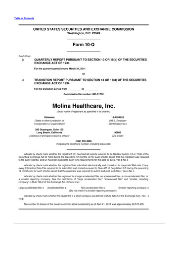 Thumbnail Molina Healthcare
 10-Q Quarterly Report FY 