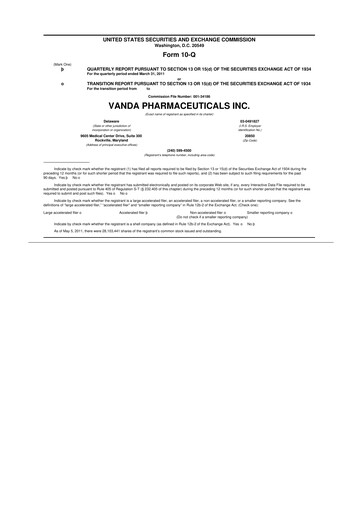 Miniature Vanda Pharmaceuticals 10-Q Rapport trimestriel  