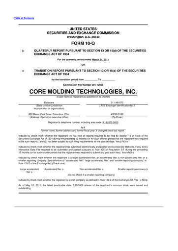 Miniature Core Molding Technologies 10-Q Rapport trimestriel  