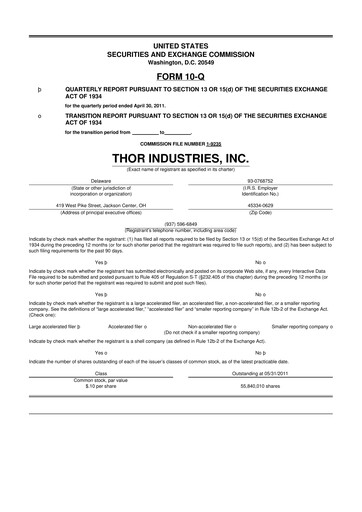 Thumbnail Thor Industries
 10-Q Quarterly Report FY2011 