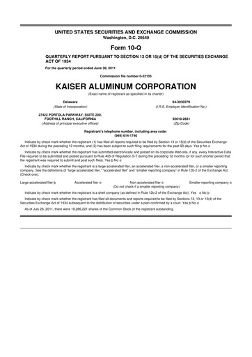 Thumbnail Kaiser Aluminum
 10-Q Quarterly Report FY2011 