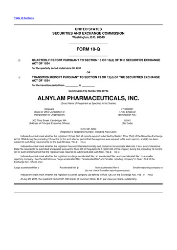 Thumbnail Alnylam Pharmaceuticals
 10-Q Quarterly Report FY2011 
