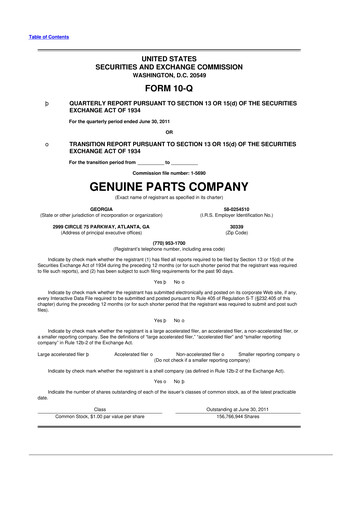 Thumbnail Genuine Parts Company
 10-Q Quarterly Report FY2011 