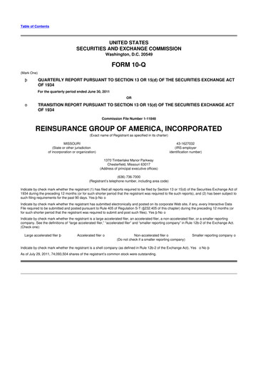 Miniature Reinsurance Group of America
 10-Q Rapport trimestriel 2011 