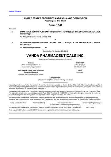 Miniature Vanda Pharmaceuticals 10-Q Rapport trimestriel 2011 