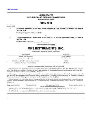 Thumbnail MKS Instruments 10-Q Quarterly Report FY2011 
