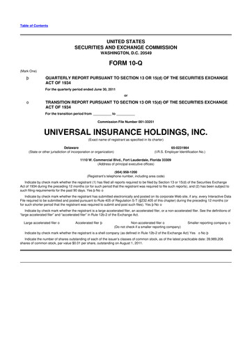 Thumbnail Universal Insurance Holdings 10-Q Quarterly Report FY2011 