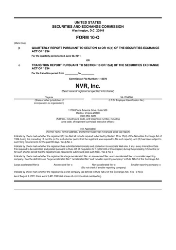 Miniature NVR 10-Q Rapport trimestriel 2011 