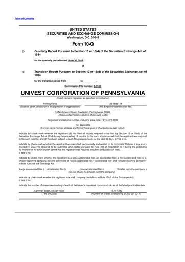 Thumbnail Univest Financial Corporation 10-Q Quarterly Report FY2011 