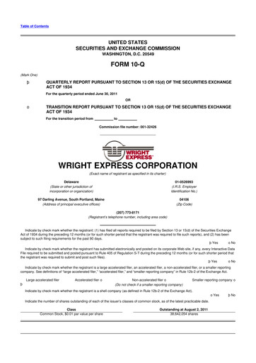 Thumbnail WEX 10-Q Quarterly Report FY2011 