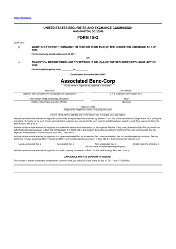 Thumbnail Associated Banc-Corp
 10-Q Quarterly Report FY2011 