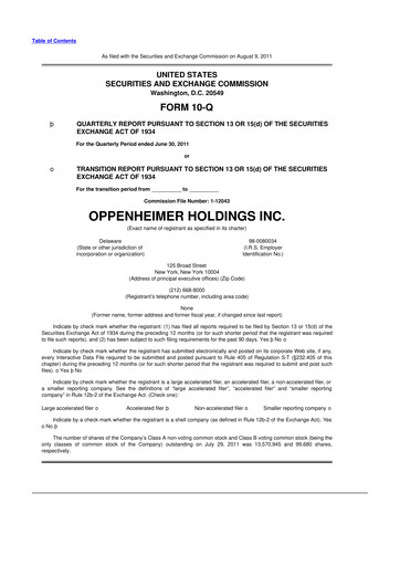 Thumbnail Oppenheimer Holdings
 10-Q Quarterly Report FY 