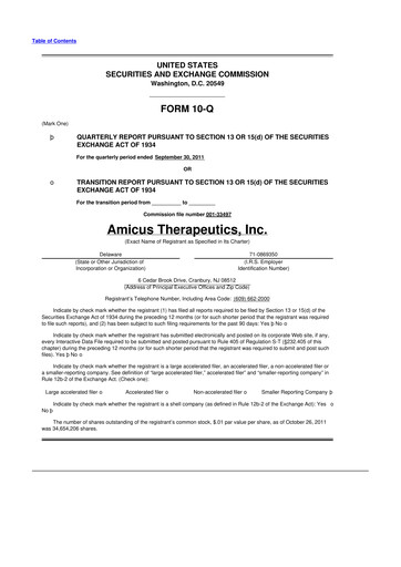 Vorschaubild Amicus Therapeutics
 10-Q Quartalsbericht 2011 