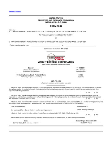 Thumbnail WEX 10-Q Quarterly Report FY2011 