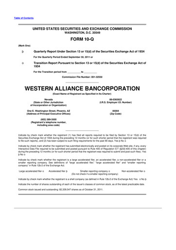 Thumbnail Western Alliance Bancorporation
 10-Q Quarterly Report FY2011 