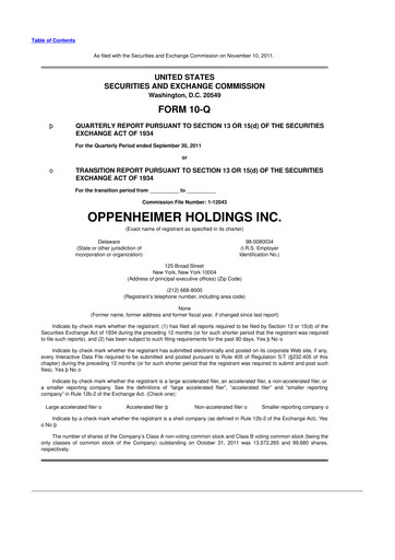 Thumbnail Oppenheimer Holdings
 10-Q Quarterly Report FY 