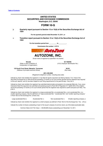 Miniature AutoZone 10-Q Rapport trimestriel 2012 