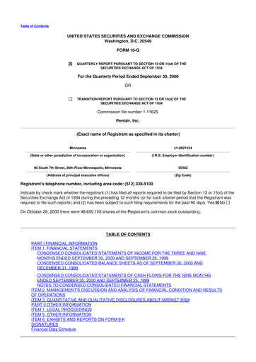Thumbnail Pentair
 10-Q Quarterly Report FY 
