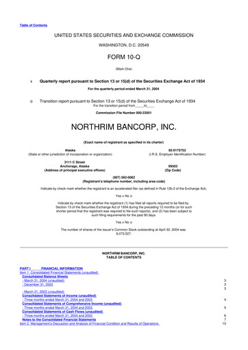 Thumbnail Northrim BanCorp 10-Q Quarterly Report FY 