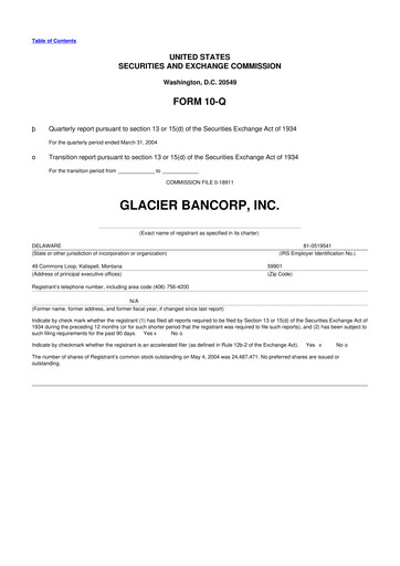 Miniature Glacier Bancorp
 10-Q Rapport trimestriel  