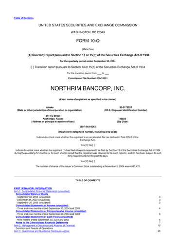 Thumbnail Northrim BanCorp 10-Q Quarterly Report FY 