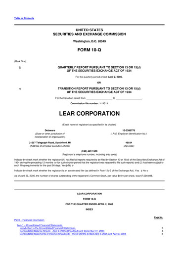 Thumbnail Lear Corporation
 10-Q Quarterly Report FY 