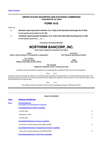 Thumbnail Northrim BanCorp 10-Q Quarterly Report FY 