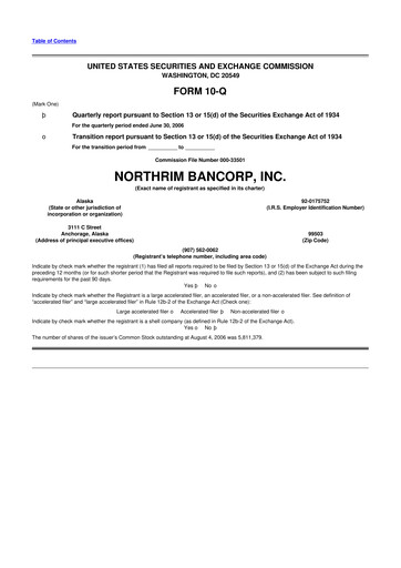 Thumbnail Northrim BanCorp 10-Q Quarterly Report FY 