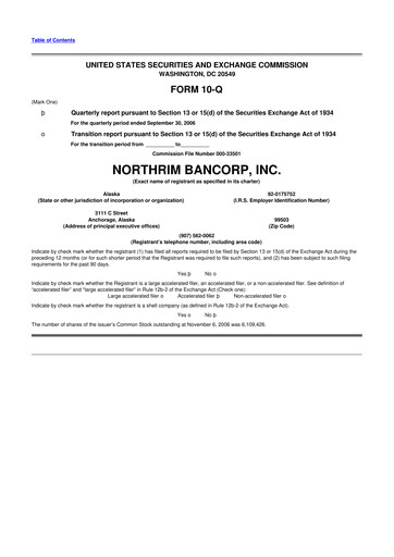Thumbnail Northrim BanCorp 10-Q Quarterly Report FY 