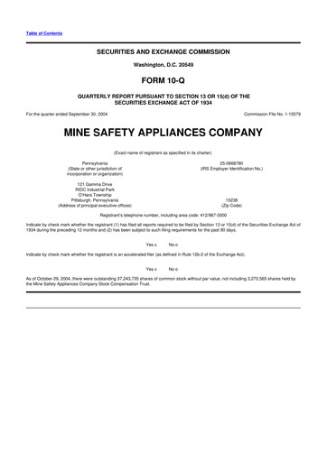 Miniature MSA Safety 10-Q Rapport trimestriel  