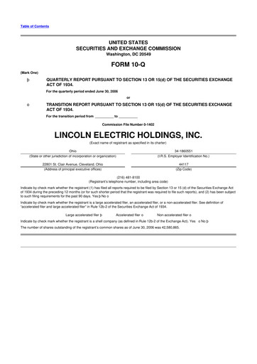 Thumbnail Lincoln Electric
 10-Q Quarterly Report FY 
