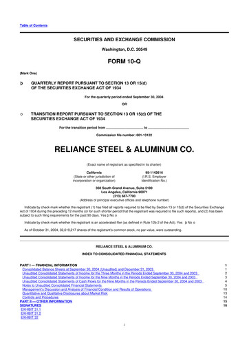 Thumbnail Reliance


 10-Q Quarterly Report FY 