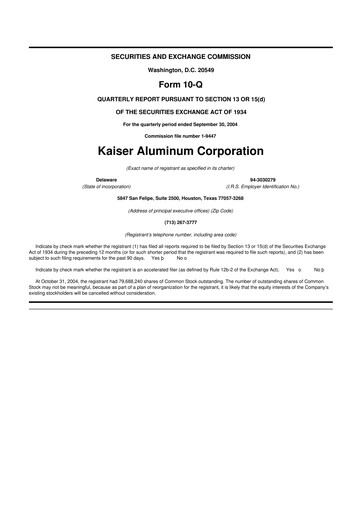 Thumbnail Kaiser Aluminum
 10-Q Quarterly Report FY 
