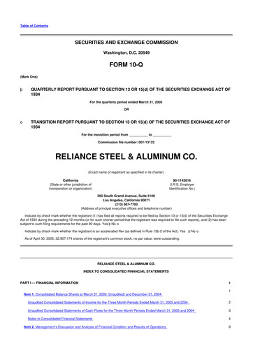 Thumbnail Reliance


 10-Q Quarterly Report FY 