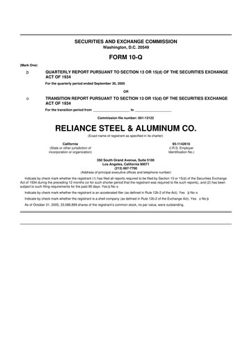 Thumbnail Reliance


 10-Q Quarterly Report FY 