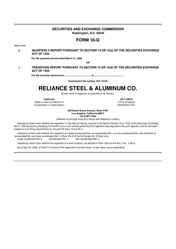 Thumbnail Reliance


 10-Q Quarterly Report FY 