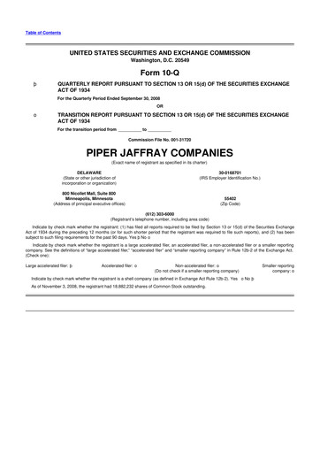 Miniature Piper Sandler
 10-Q Rapport trimestriel  