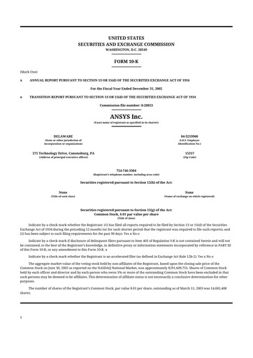 Thumbnail Ansys 10-K Annual Report 