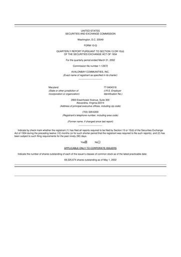 Miniature AvalonBay Communities 10-Q Rapport trimestriel  