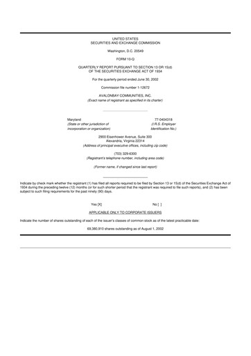 Miniature AvalonBay Communities 10-Q Rapport trimestriel  