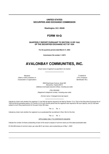 Miniature AvalonBay Communities 10-Q Rapport trimestriel  