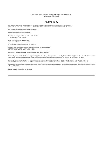 Thumbnail T. Rowe Price
 10-Q Quarterly Report FY 