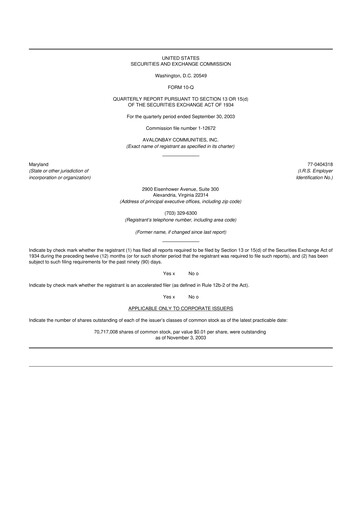 Miniature AvalonBay Communities 10-Q Rapport trimestriel  