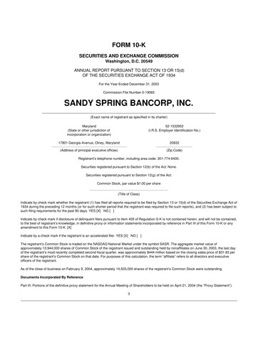Thumbnail Sandy Spring Bank 10-K Annual Report 